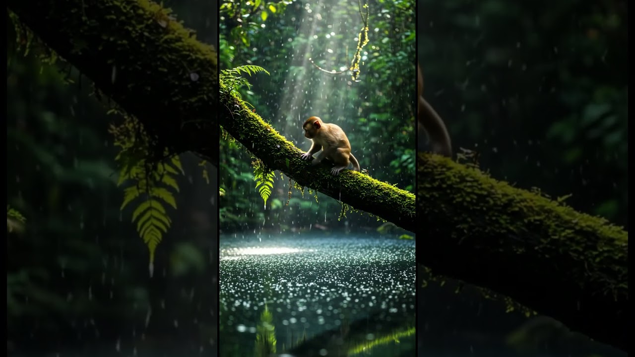A little monkey sits in the rain on a branch by the water in the forest