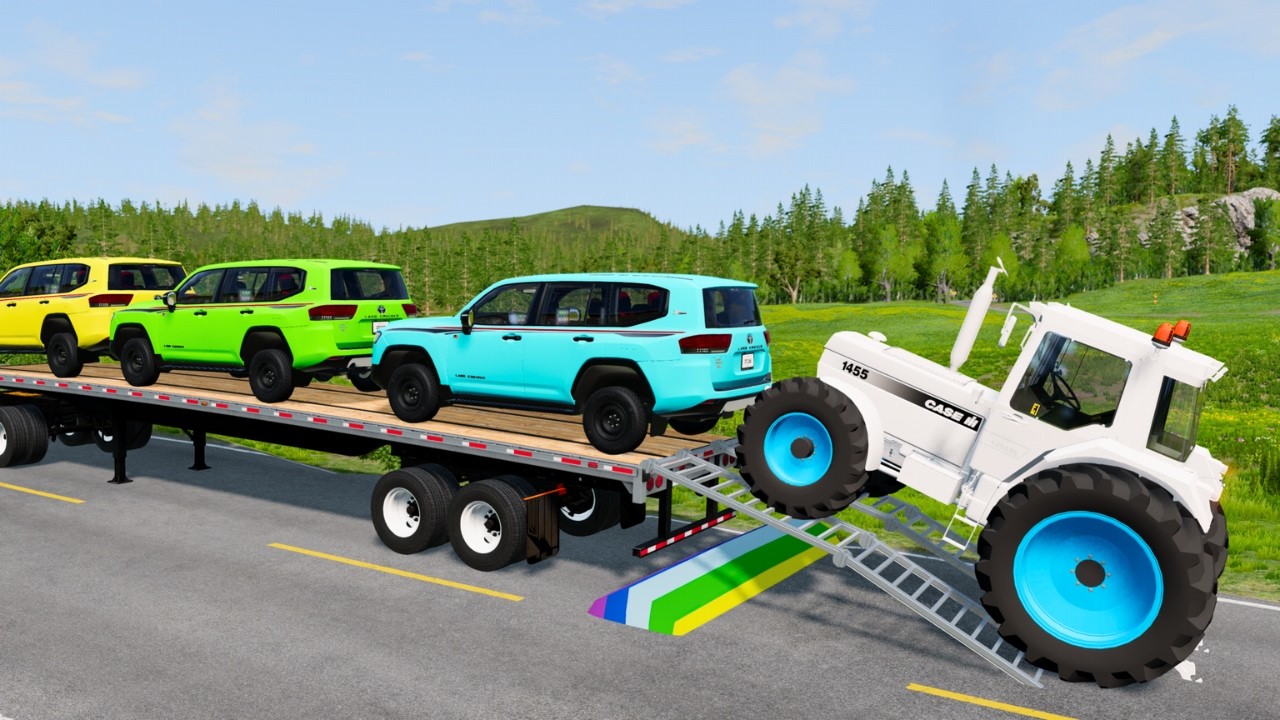 Flatbed Trailer McQueen Transportation with Truck - Speedbumps vs Cars vs Train - BeamNG.Drive #6