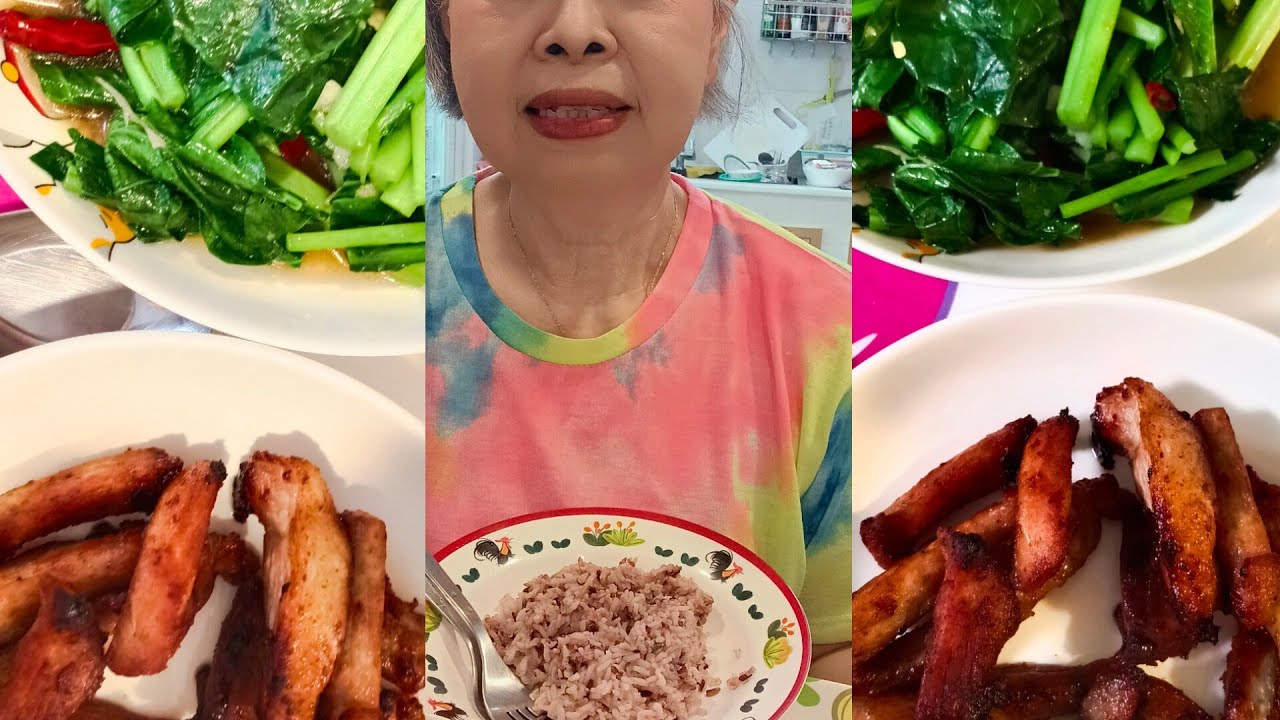 กินข้าวนำกันเด้อจ้าผัดคะน้าน้ำมันหอยกับหมูทอดแซบๆนำกันเด้อจ้า#ป้ามัย 