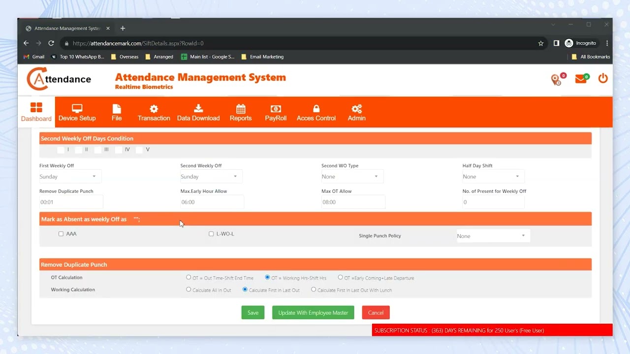 Realtime Biometrics Limited : How to create shift in attendance mark?