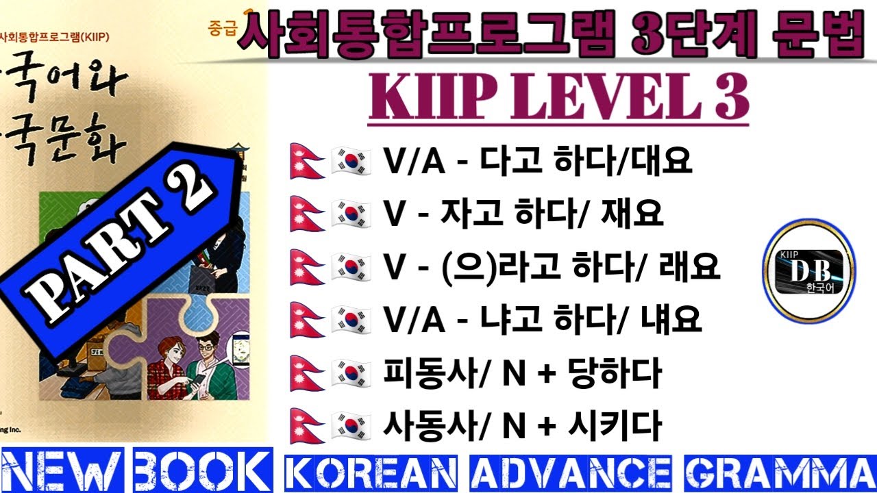 KIIP LEVEL 3  GRAMMER || V/A - 다고 하다다 || V - 자고 하다 || (으)라고 하다 || V/A - 냐고 하다 || 피동사 || 사동사 ||