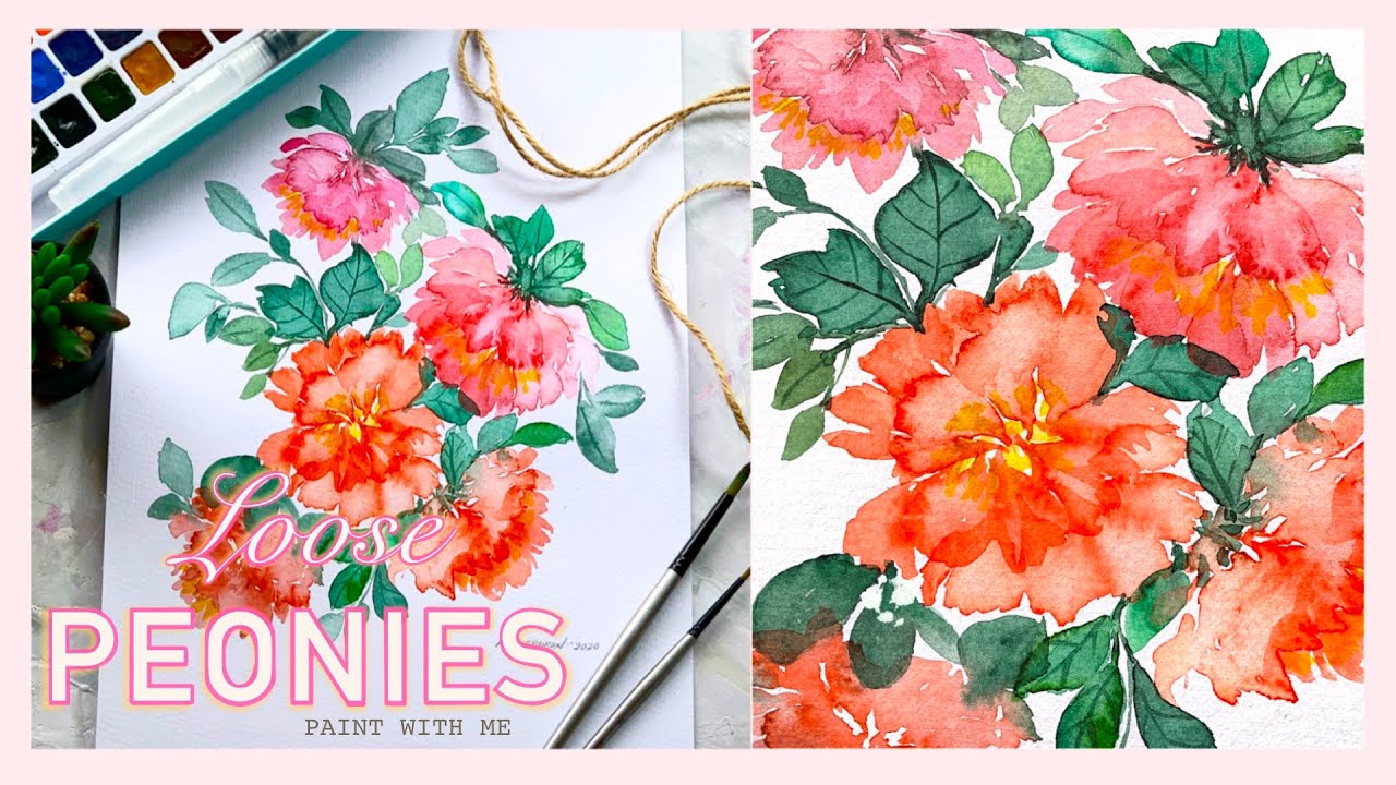 WATERCOLOUR PAINTING LOOSE PEONIES | Artvlog #03 | Angiebuean