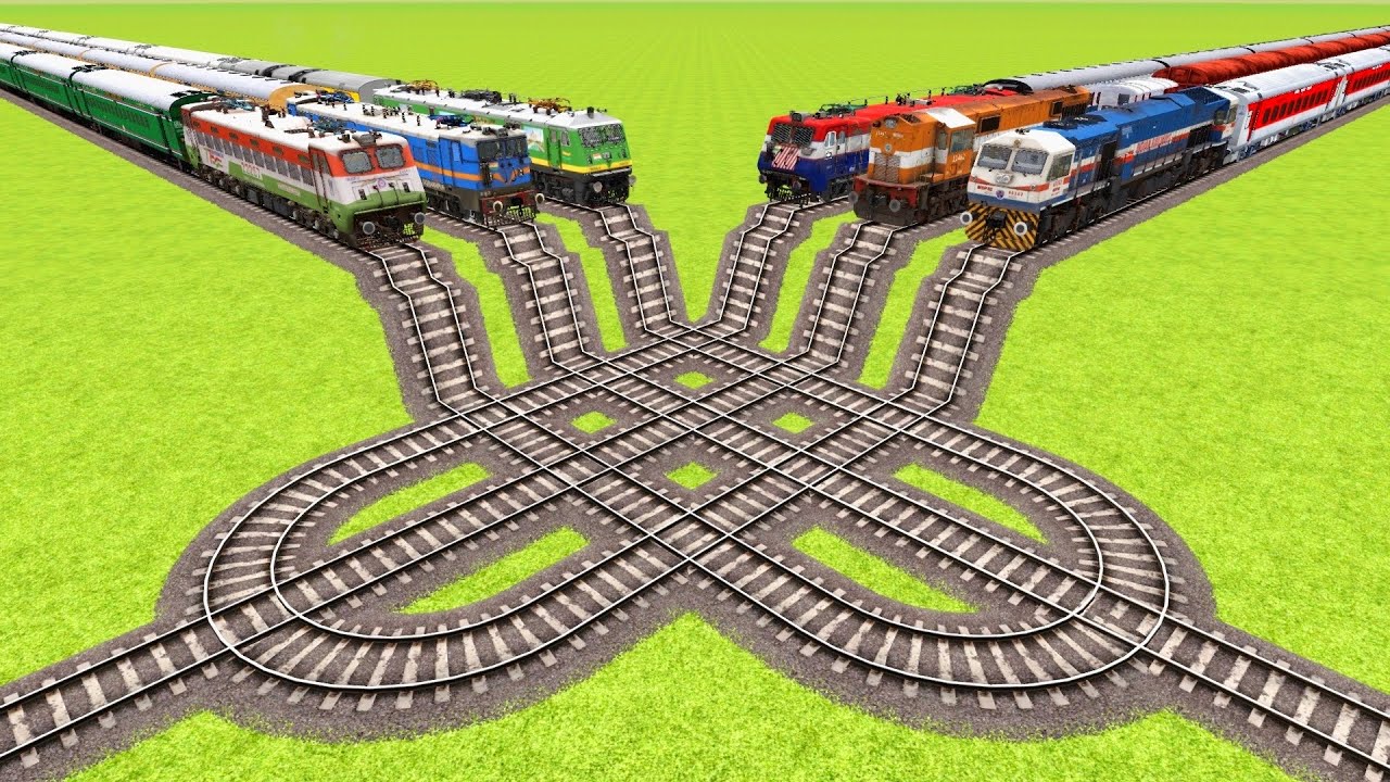 MULTIPLE INDIAN TRAINS VS FLIPPED TURNING CURVES POINT RAILROAD🔺Train Simulator | CrazyRails
