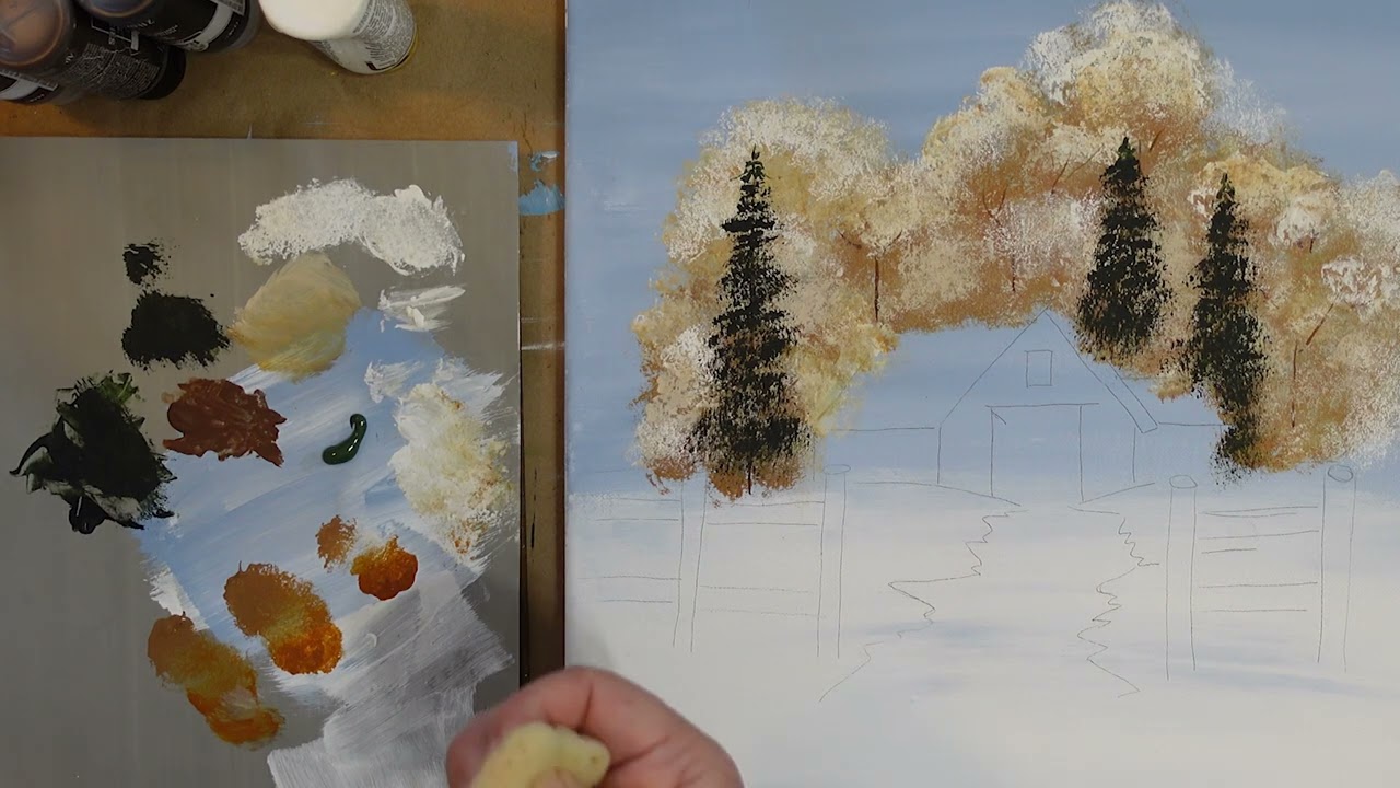 Рисуем зимние сосны — Рисуем амбар зимой, часть 3