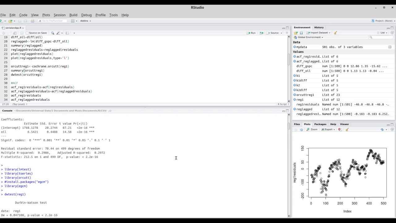 Serial Correlation, Stationarity and Cointegration Testing Using R (dwtest, adf, egcm)