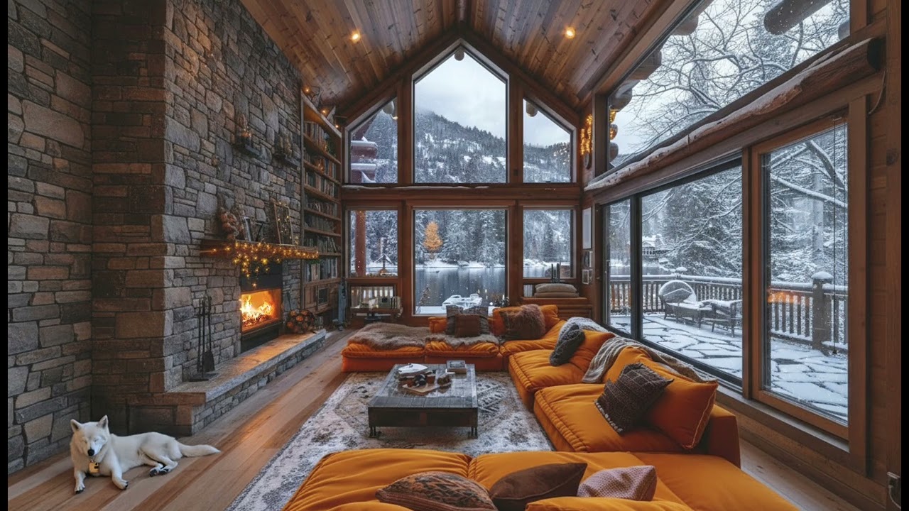 Snowy Cabin Ambience ❄️ Slow Jazz Piano | Cozy Fireplace • Winter Relaxation