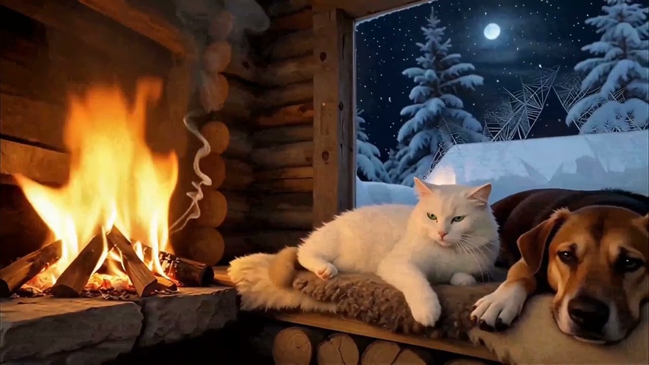 fireplace that is cozy for pets in a hut during a snowy night. crackling sound and purring sounds.🔥🔥