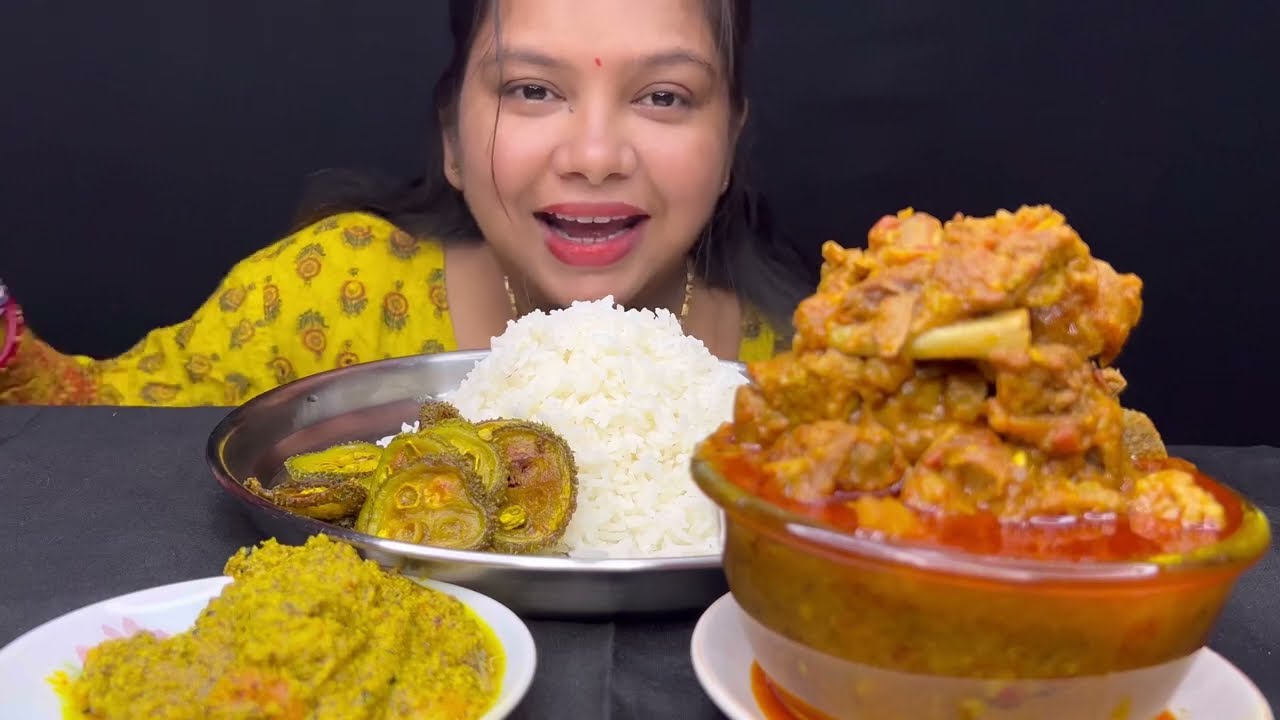 Bigbites,Eating Rice With Spicy 🔥🔥 Mutton CURRY, Posto Chingri,KAKROL Vaja।।