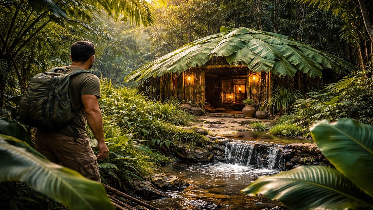 🎥 Banana Leaf Home! 😱 Solo Girl’s Secret Jungle Hideaway 🍌🌿