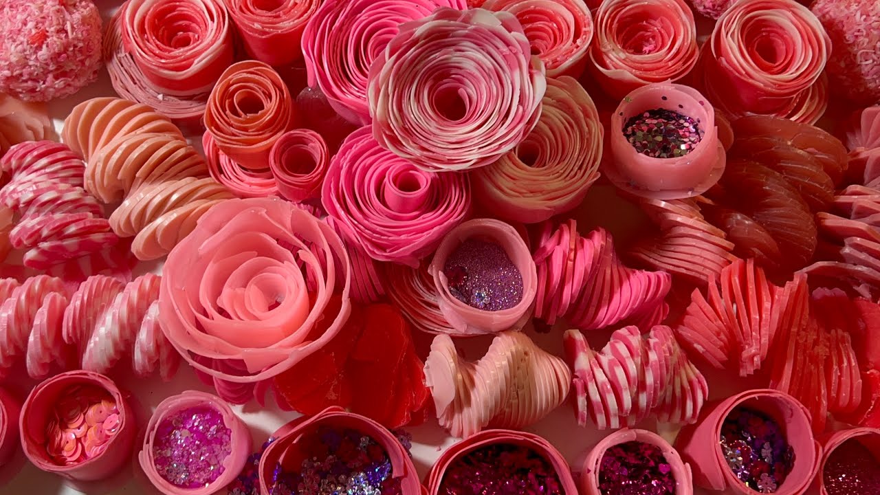 ASMR soap crushing 💗💖💗 Giant pink soap set 💖 soap roses 💝 soap spirals 💓 soap balls 💖 glitter