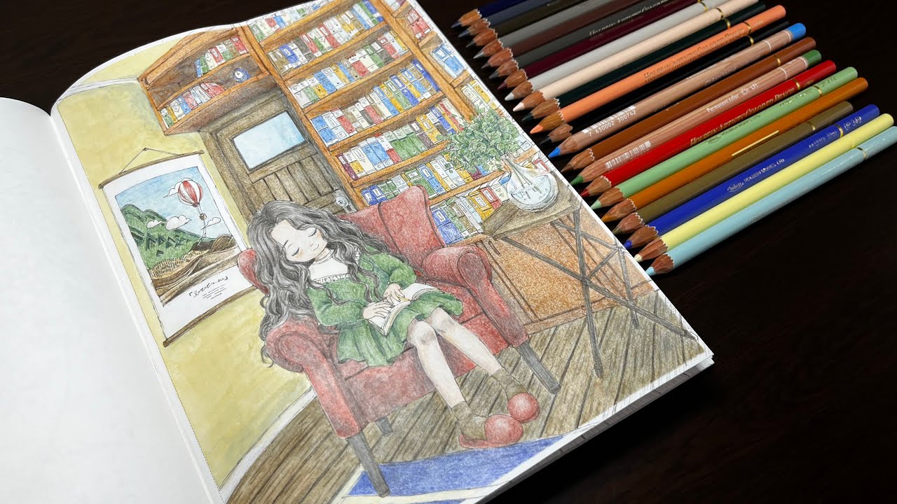 【うたた寝は気持ち良い(*´-`)】水彩＋色鉛筆で《読書とお昼寝》を塗る【森の少女ひと休みしても大丈夫】