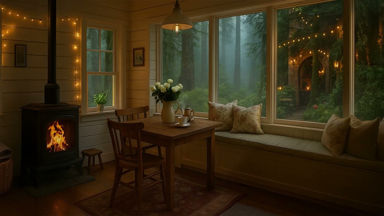 Cozy Forest Cabin Fireplace | Peaceful Spring Morning with Soft Lighting & Beautiful Views