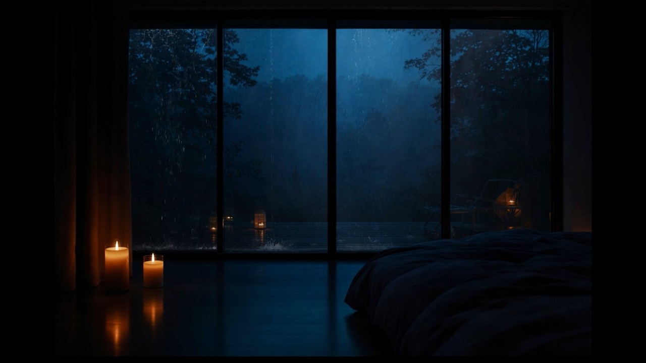 Cozy Rainy Forest Night with Thunder 🌧️ Candlelit Window Ambience for Deep Sleep & Relaxation