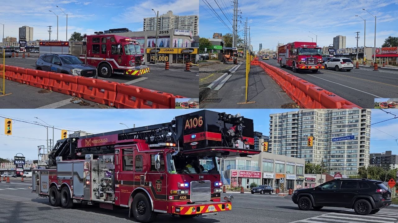 Mississauga Fire Pumper 106, Pumper 107, Rescue 107, Car 108 & Aerial 106 Responding