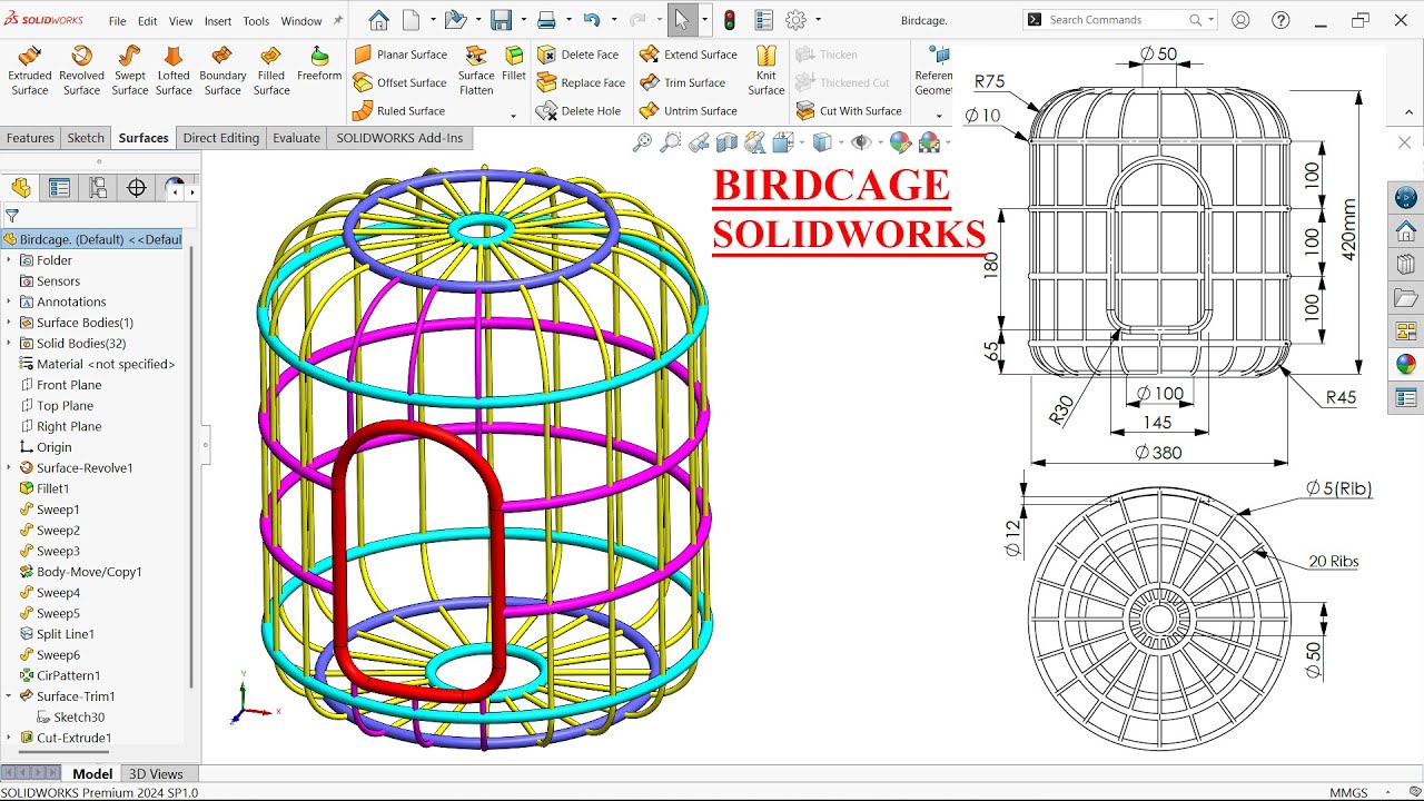 Birdcage Modeling in SolidWorks with Surface features