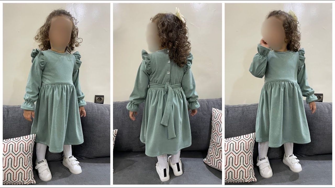 طريقة تفصيل وخياطة فستان لبنوتة بقماش شتوي مطاطي قياس 3 ـ 4 سنوات ب 1 متر من القماش