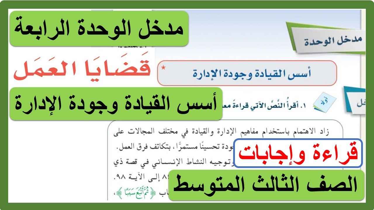 مدخل الوحدة الرابعة قضايا العمل أسس القيادة وجودة الإدارة للصف الثالث المتوسط لغتي الخالدة