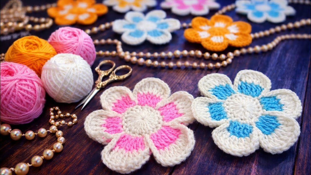 💯💫Simplest💖 & glorious💕 crochet 🧶 flower 🌸in beautiful ❤️ colours🌟|How💝 to do knitting 🧶? Tutorial ✨