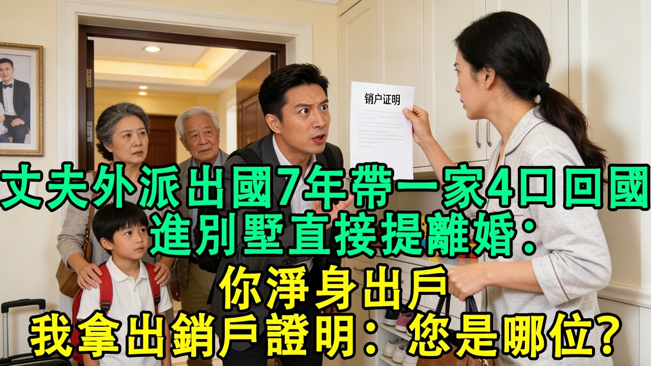 丈夫外派出國7年，帶一家4口回國 一進別墅，直接提離婚：你淨身出戶。我拿出他的銷戶證明：您是哪位他傻眼【小君講故事】#婆媳 #家庭 #婚姻 #情感 #情感故事 #為人處世 #養老 #老年生活 #退休