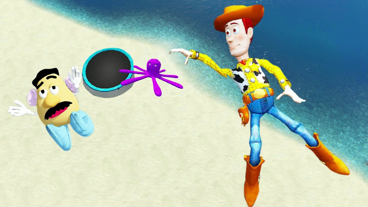 GTA 5 WOODY , OCTOPUS, POTATO HEAD, REX, BUZZ, JESSY Trampoline Jumps & Fails #4 (Euphoria physics)