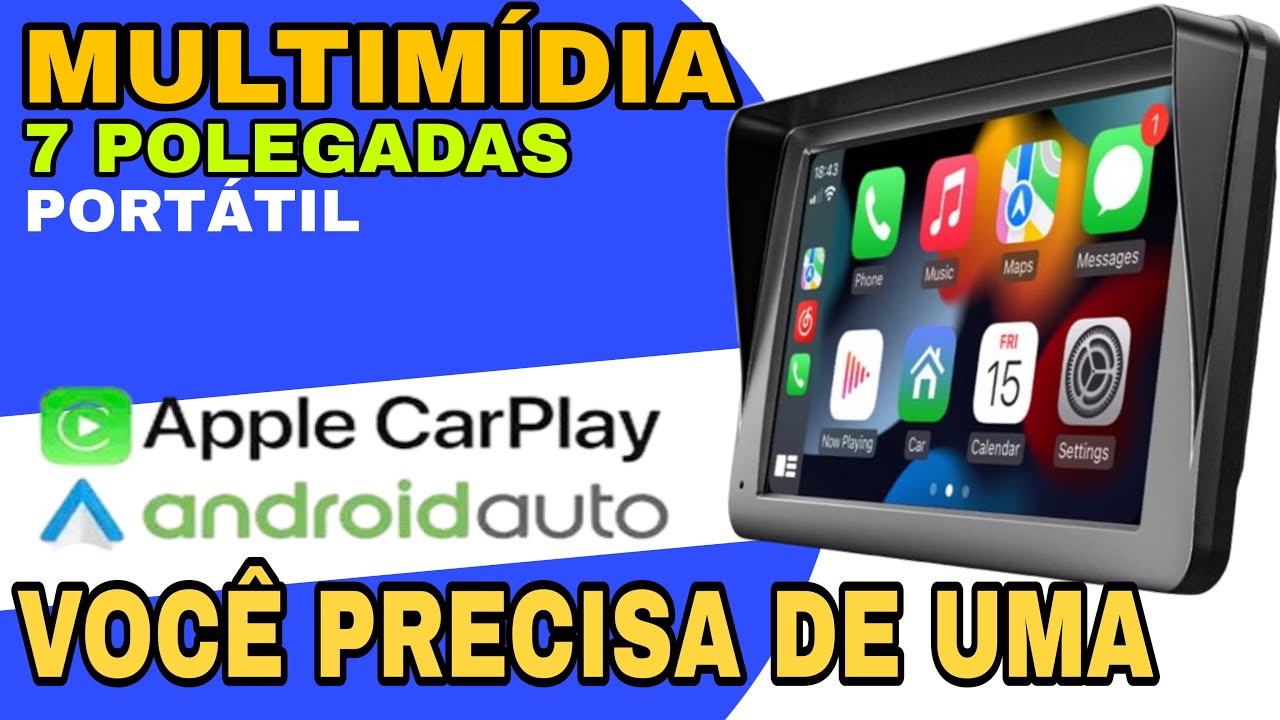 Multim&iacute;dia 7&rdquo; port&aacute;til CarPlay e android auto sem fio 