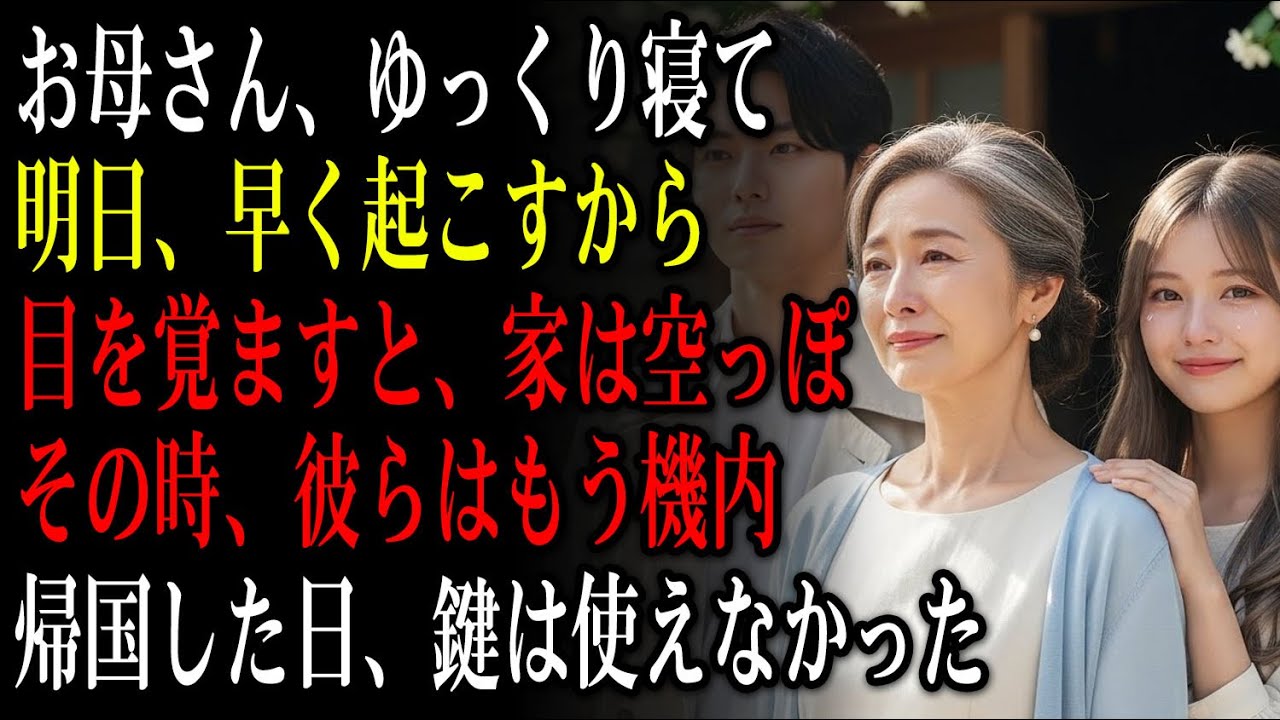 「『お母さん、安心して眠って。明日は旅行だよ』——そう言われた翌朝、家は空っぽ。私は静かに鍵を替え、口座を止め、そして彼らの帰国便を待った」【静かな復讐】【家族の裏切り】