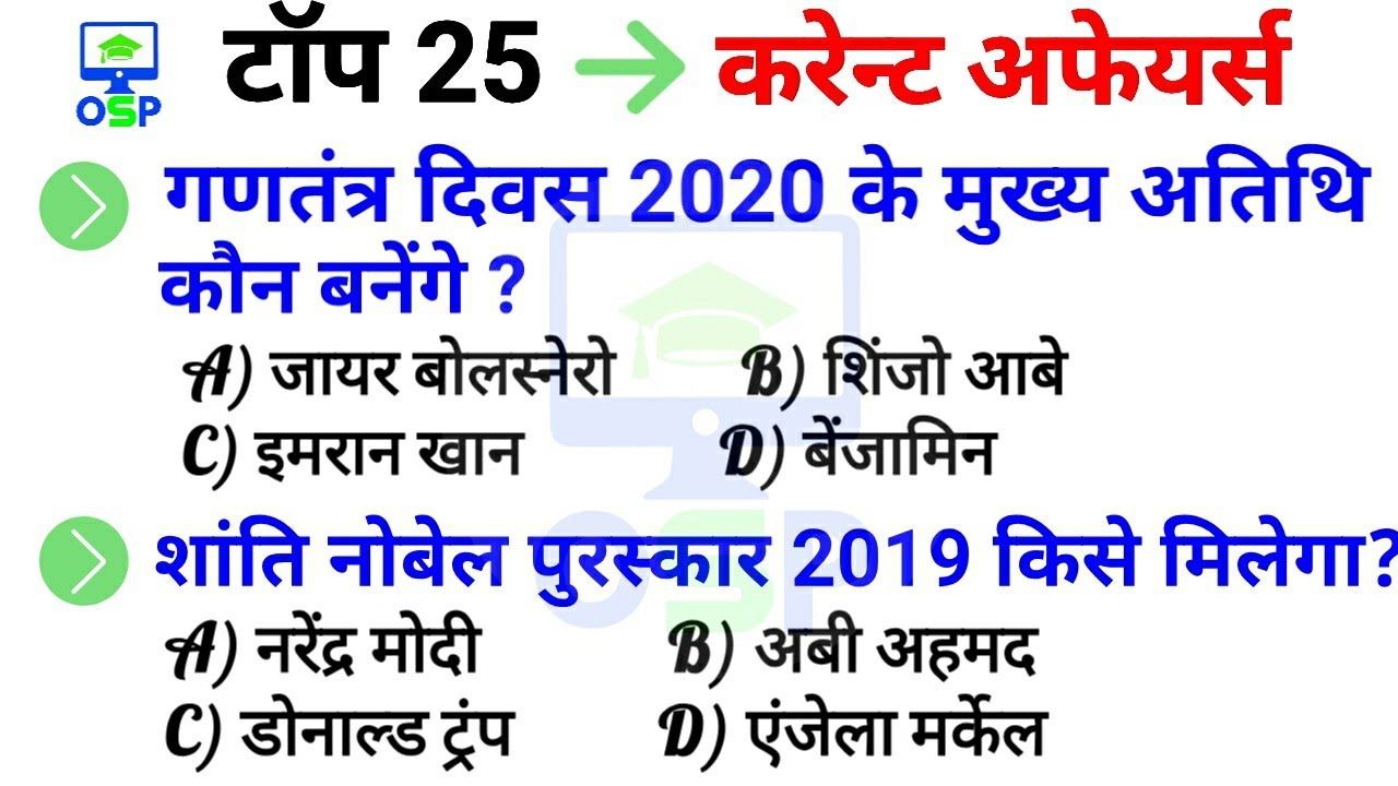 TOP 25 Current affairs 2019 | Current affairs in hindi 2019 | GK in hindi | RAILWAY | SSC | UPSC |