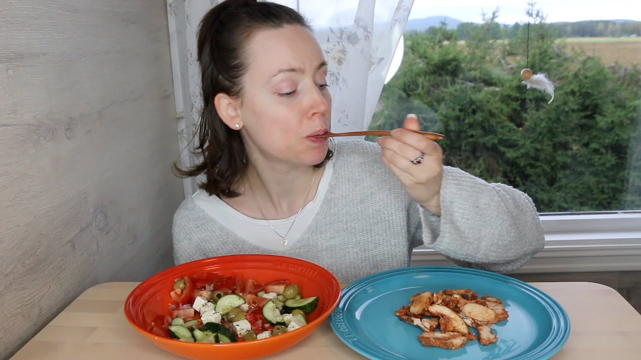 ASMR Whisper Eating Sounds | Greek Salad & Chicken | Mukbang 먹방