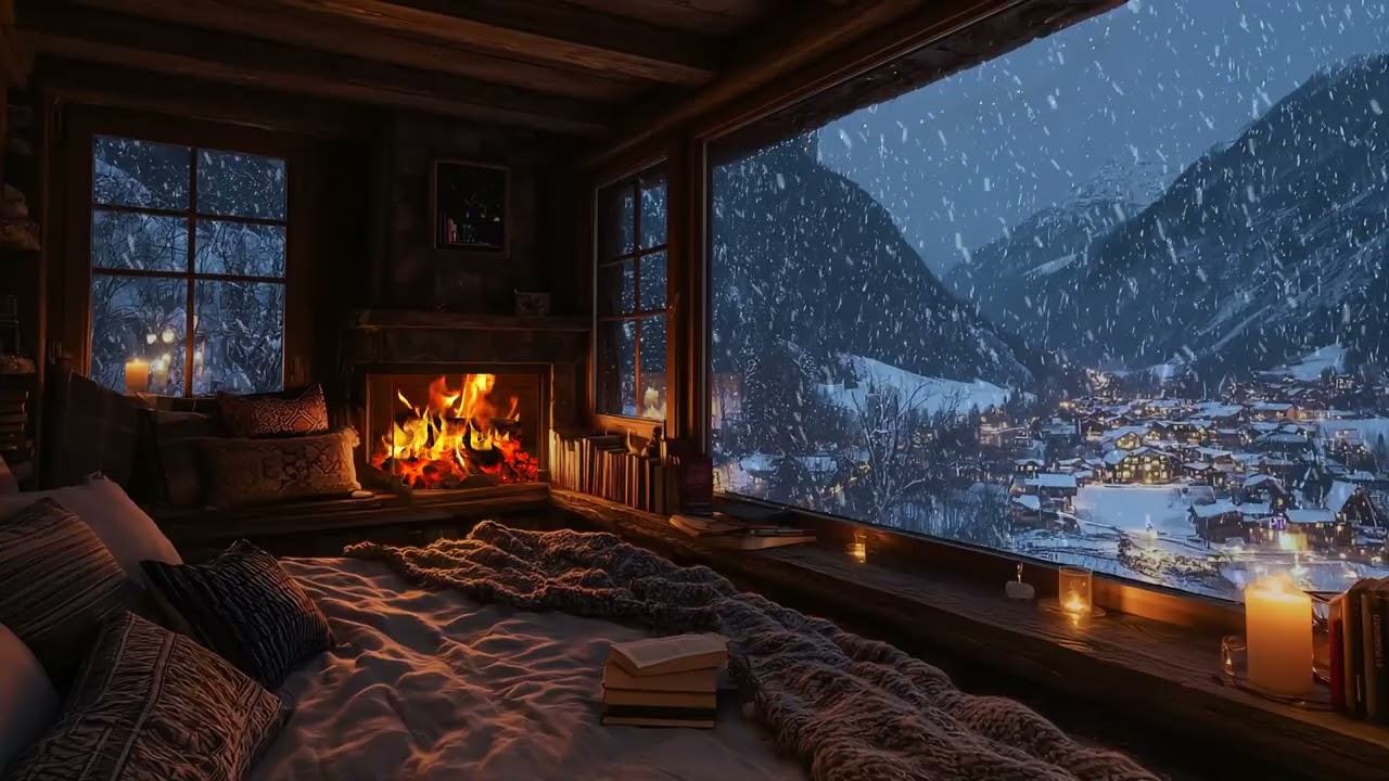 Snow Serenity in a Cozy Cabin | Crackling Fireplace with Snowfall for Restful Sleep & Stress Relief