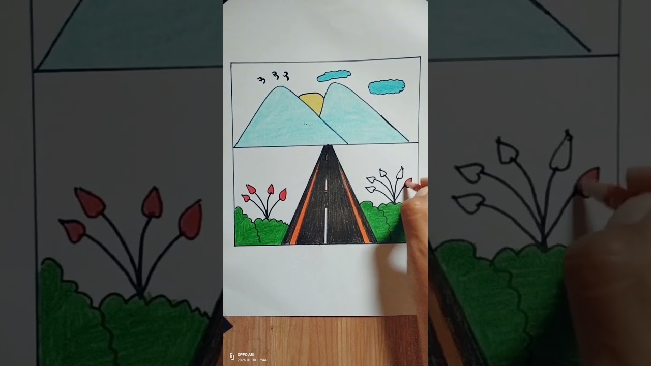 Menggambar pemandangan jalan dan Gunung|| draw simple 