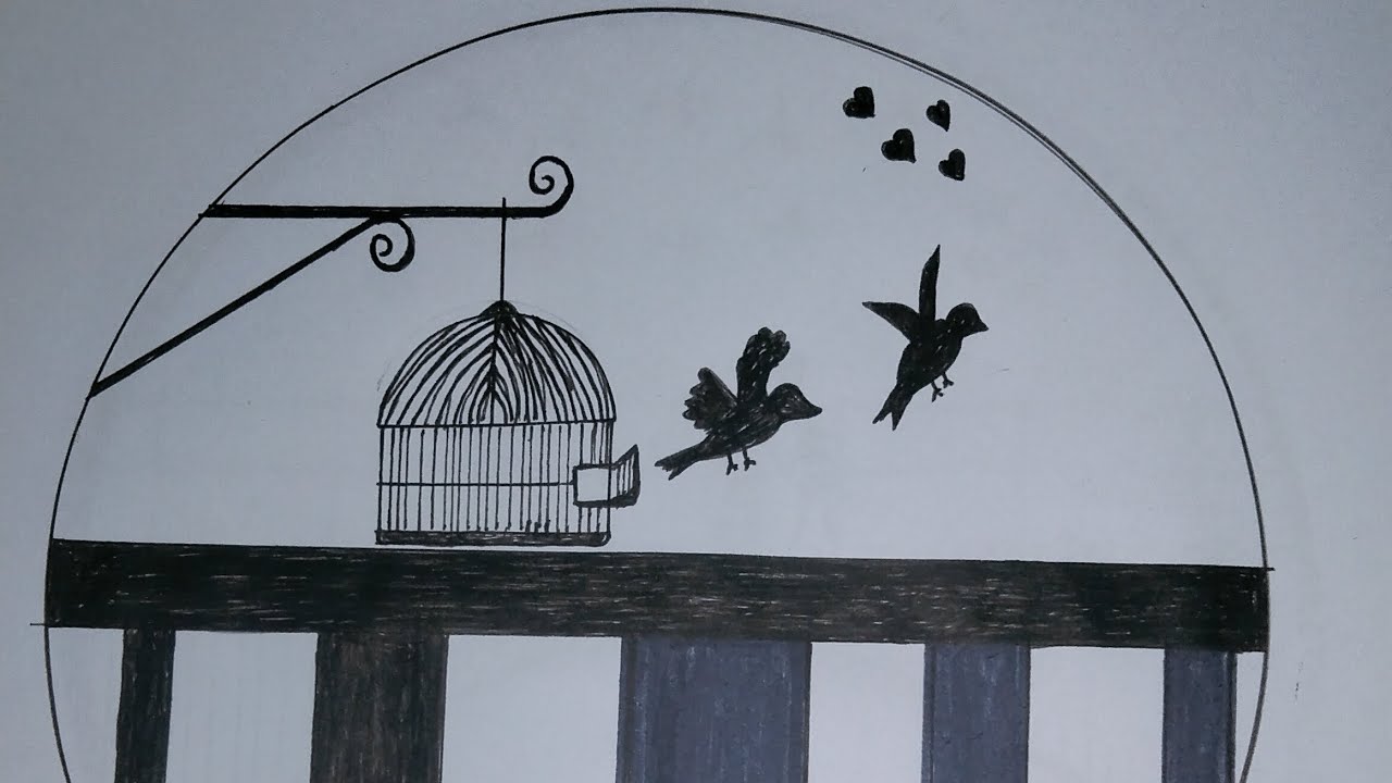  Drawing: How to draw freedom Birds 🐦 in scenery circle #viralvideo #art 