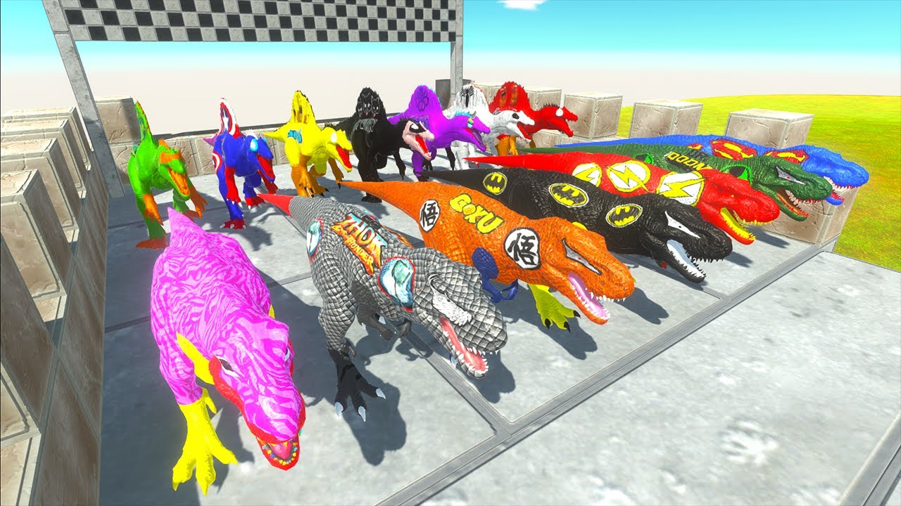 Team Tyrannosaurus Rex vs Spinosaurus Suprheroes Marvel Speed Race Dinosaurs Hunting Jurassic World