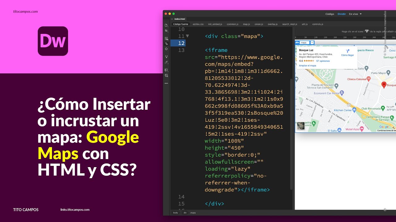 ¿Cómo agregar, insertar o incrustar (embed) mapas en .html con Dreamweaver?