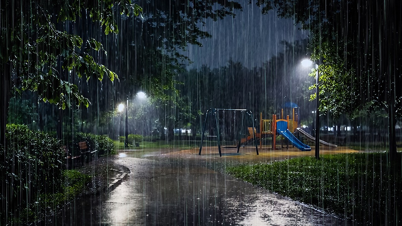 Goodbye Stress to Sleep Instantly with Soft Night Rain on Quiet Park | ASMR Rain
