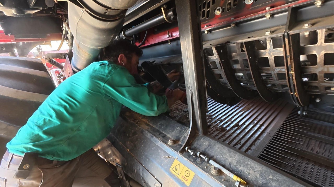 Getting the harvester ready for rice harvest