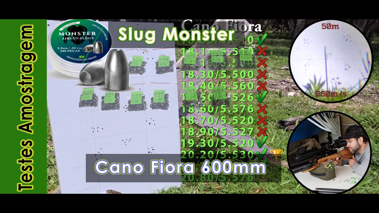 Testes Kit Slug Monster, diferentes gramaturas e diâmetros - Cano Fiora 600mm