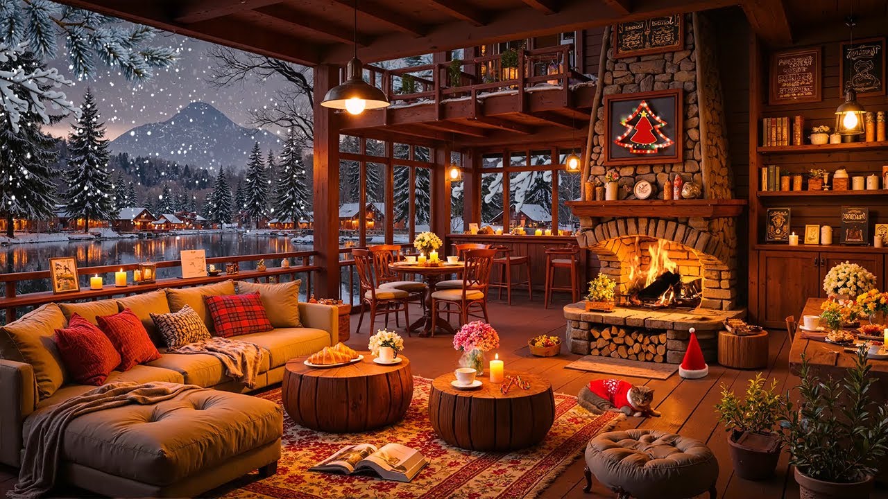 Warm November Winter Jazz at Cozy Winter Porch Ambience ⛄ Falling Snow & Jazz Music in Cozy Cabin