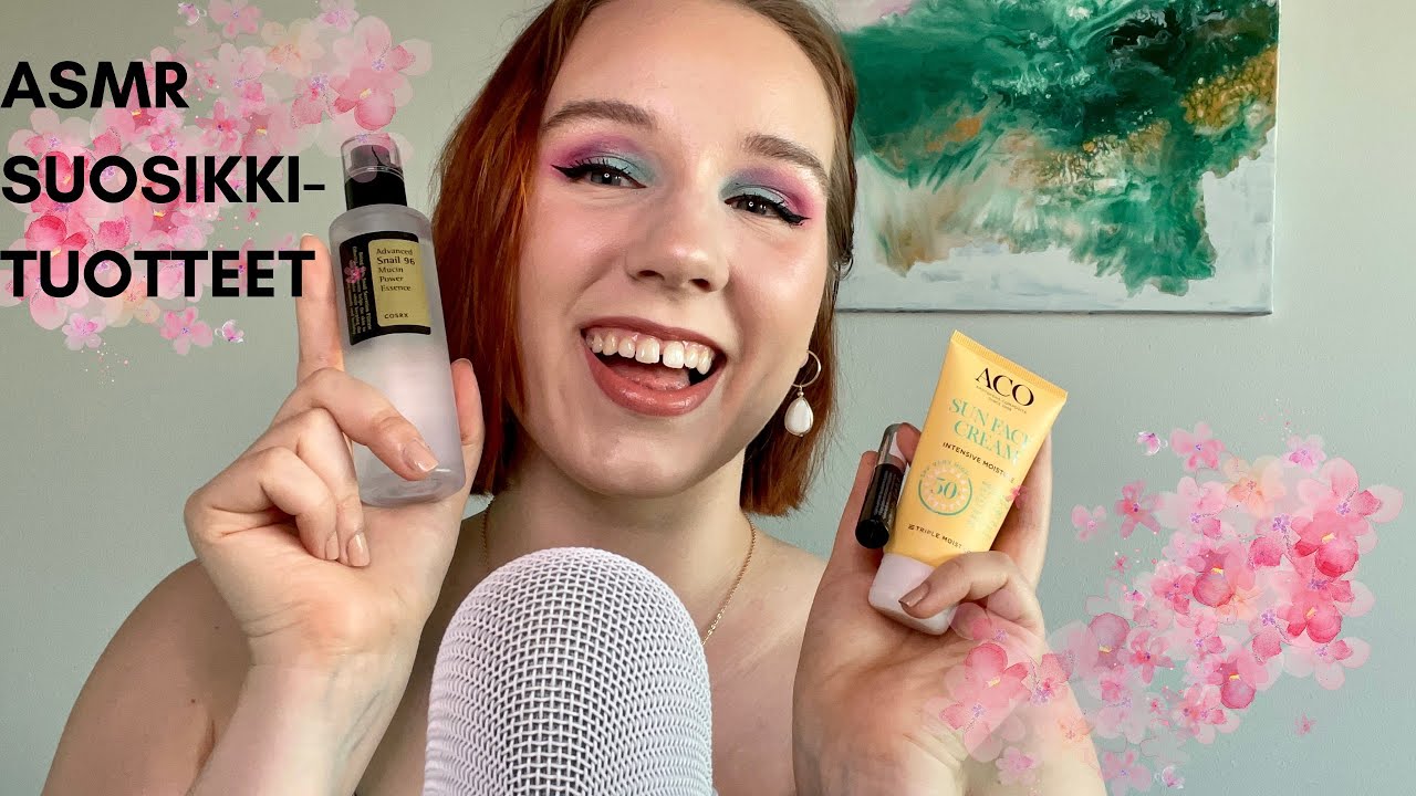 ASMR SUOMI Mun t&auml;n hetken suosikkituotteet (meikki & ihonhoito) 💜 Naputtelua ja kuiskuttelua