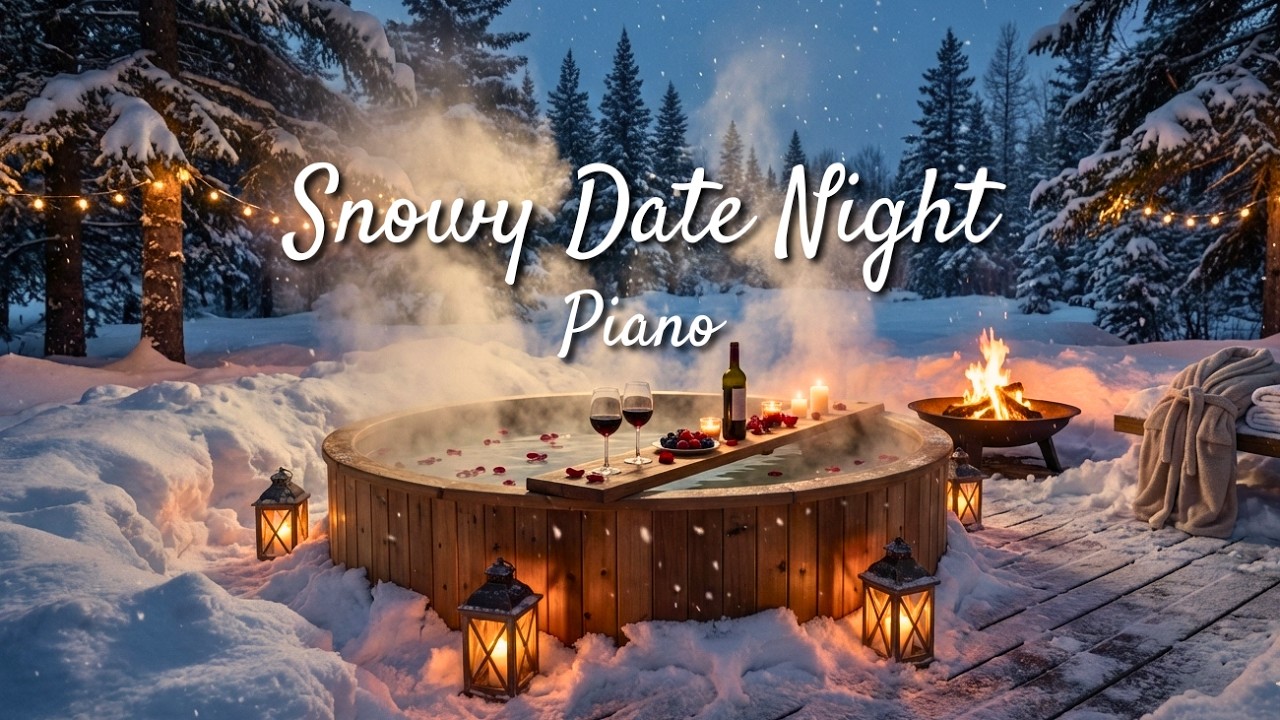 Snowy Date Night 🍷 | Steaming Hot Tub & Crackling Fire | Valentine's Winter Music (60 min)