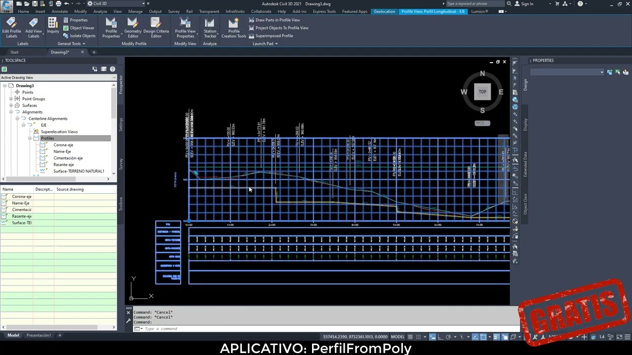 Crear Rasante o Perfil de Diseño desde Polilinea en Civil 3D de manera rápida PerfilFromPoly