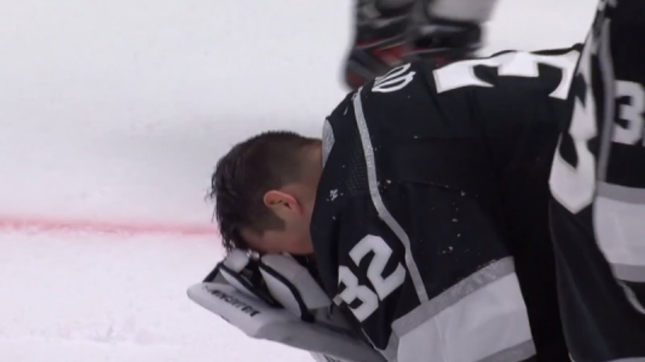 Jonathan Quick Collapses After Matthew Tkachuk High Sticks Him