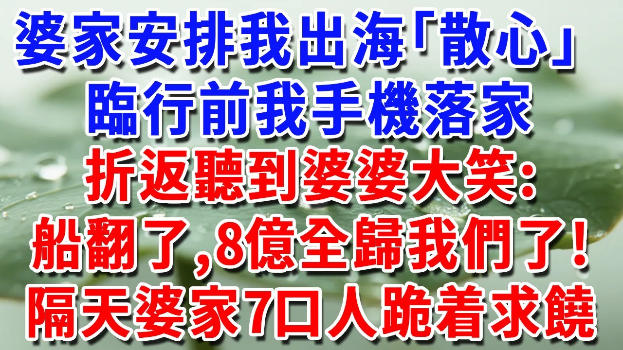 婆家特地安排我出海“散心”，臨行前我手機落家，折返聽到婆婆説：船翻了，8億資産歸我們了！隔天婆家7口人跪着求饒！#一帆說故事 #為人處世 #生活經驗 #情感 #故事 #彩礼#深夜淺讀