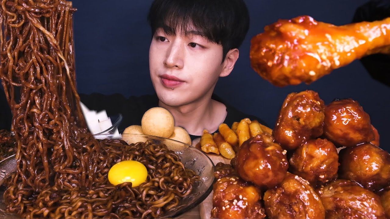 트러플오일 짜파게티 양념치킨 먹방 / TRUFFLE OIL BLACK BEAN NOODLES & SWEET FRIED CHICKEN MUKBANG チキン チャパゲティ