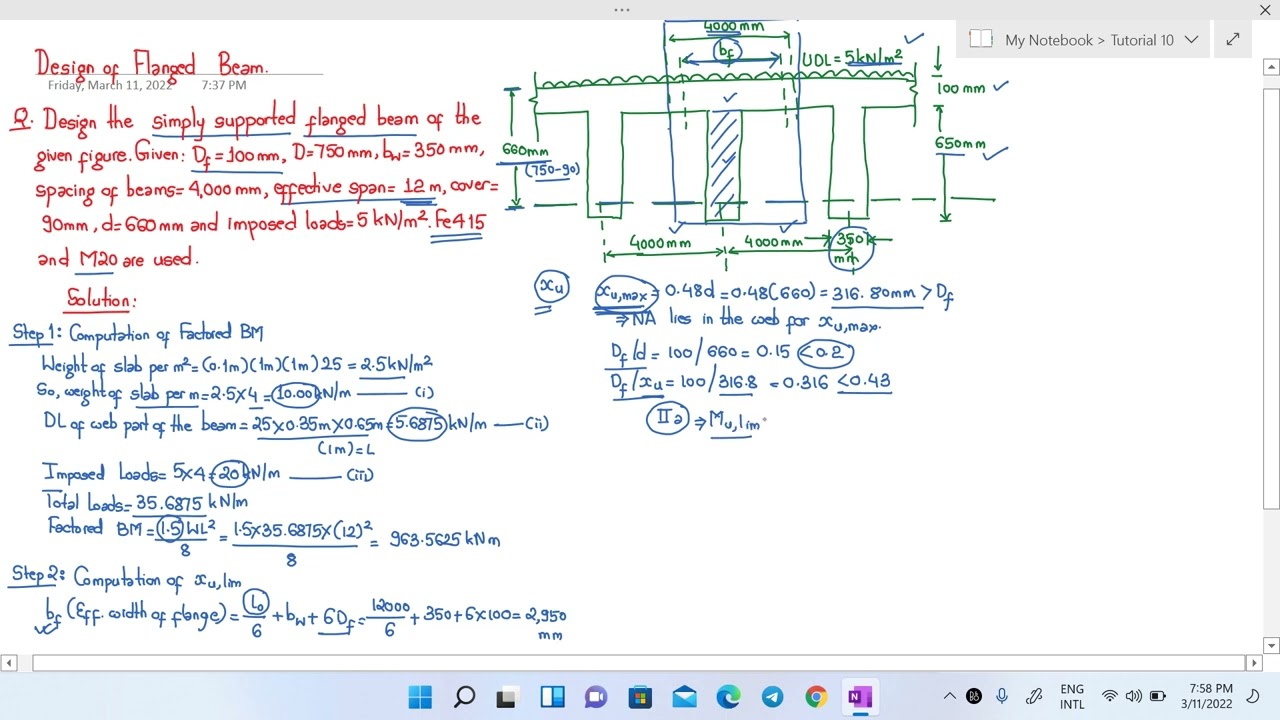Tutorial 10 - Design of Flanged Beam (T Beam) | Reinforced Concrete Structures | Solved Numerical