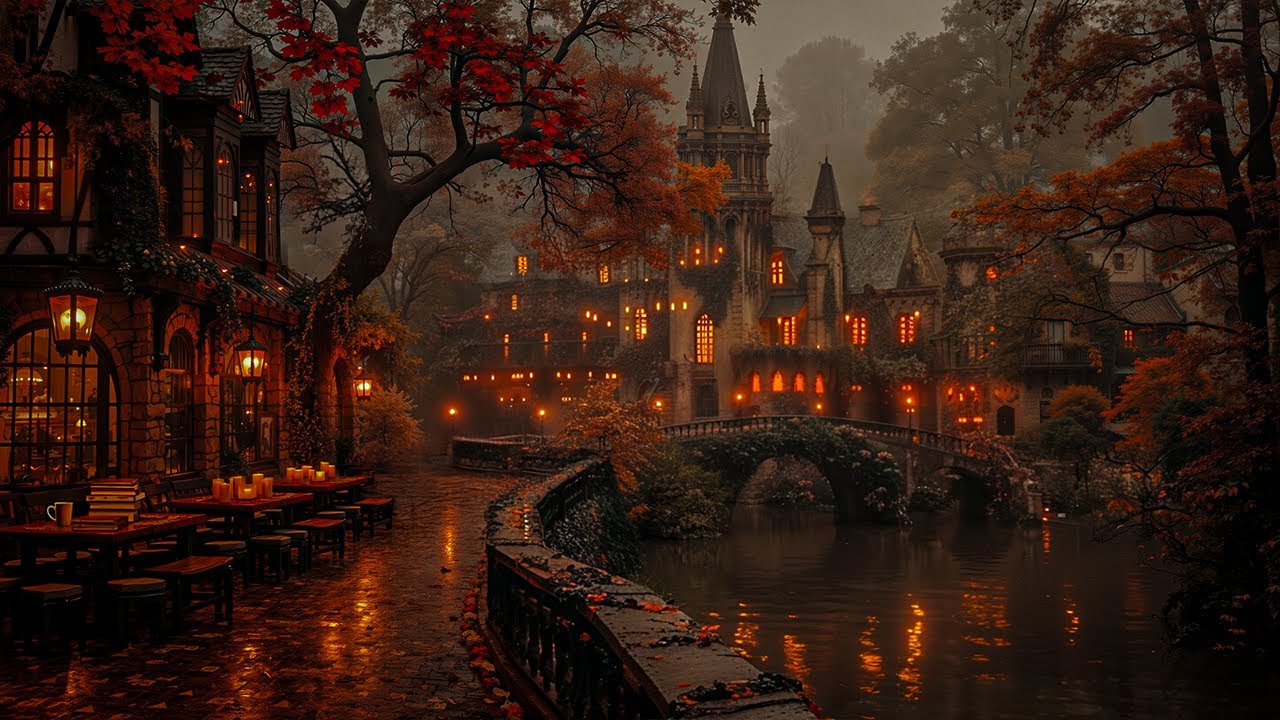 Autumn Castle Town Cafe by the River | Gothic Cozy Ambience | Dark Academia Piano for Read and Study