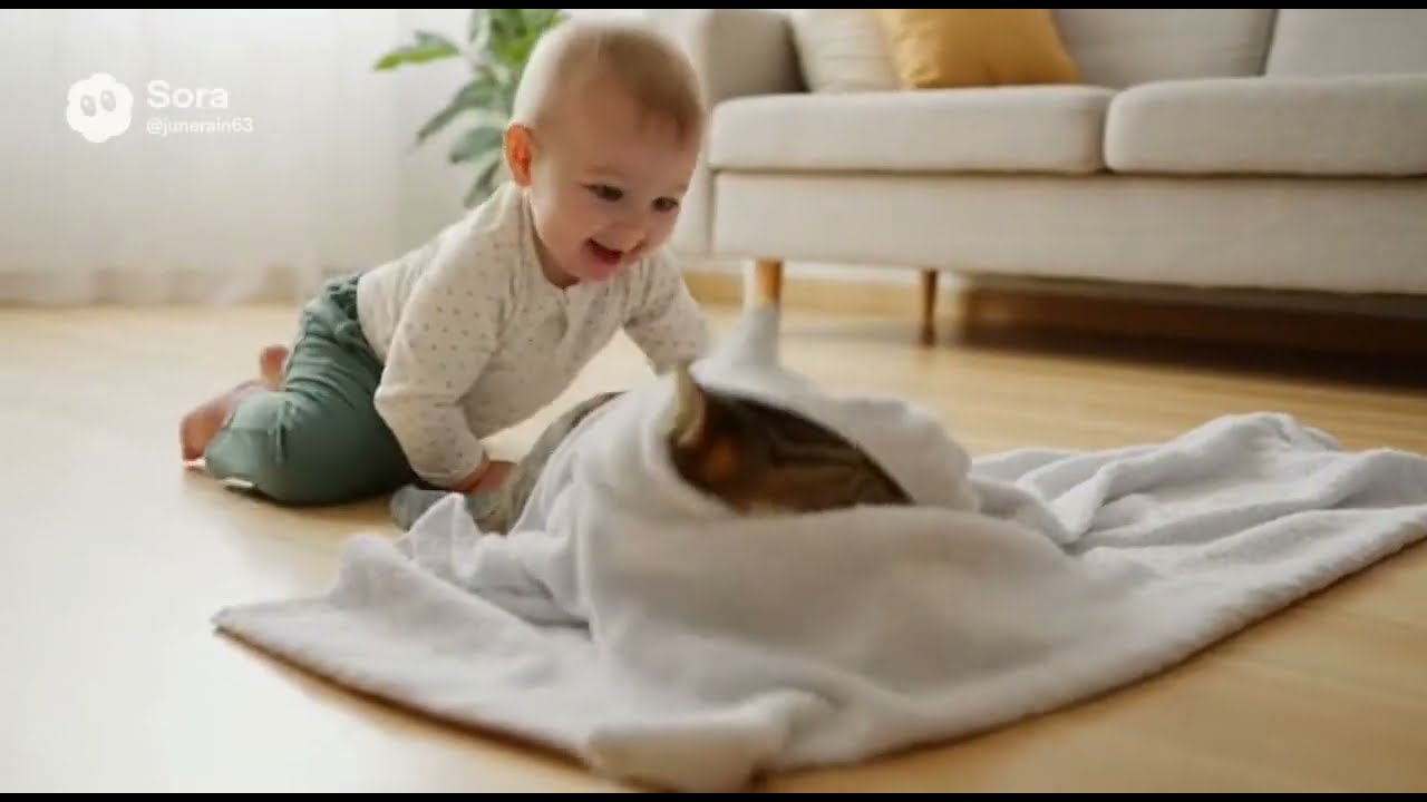赤ちゃんと猫のタオル遊び💕ほっこり笑顔の7つの瞬間