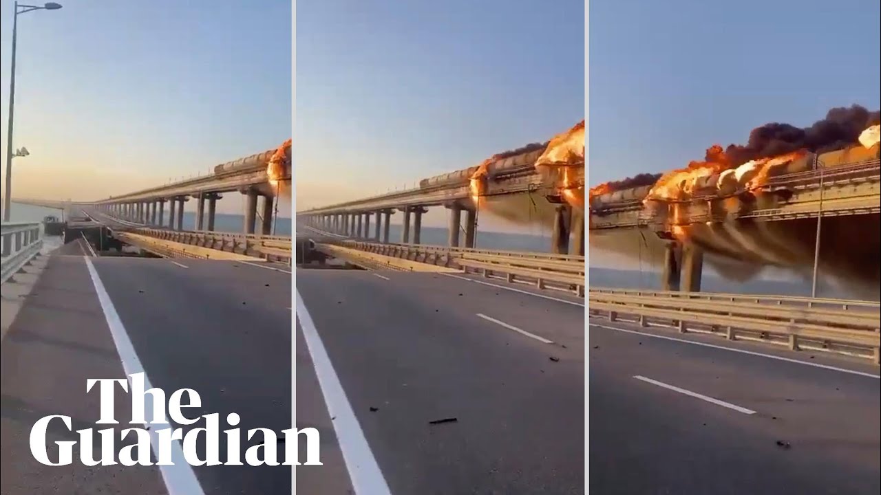 Fire engulfs Kerch bridge spanning from Crimea to Russia after explosion