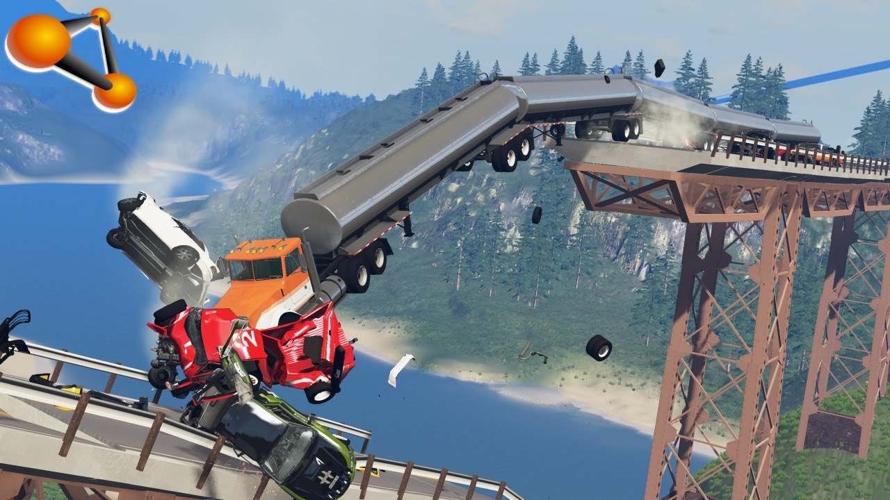 BeamNG.drive - Cars Fall From The Destroyed Bridge