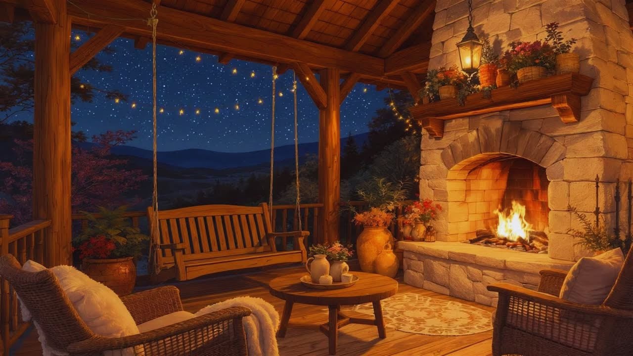 Cosy Fireplace Porch at Night 🌙 Crackling Fire, Soft Ambience Night Sounds for Relaxation & Sleep