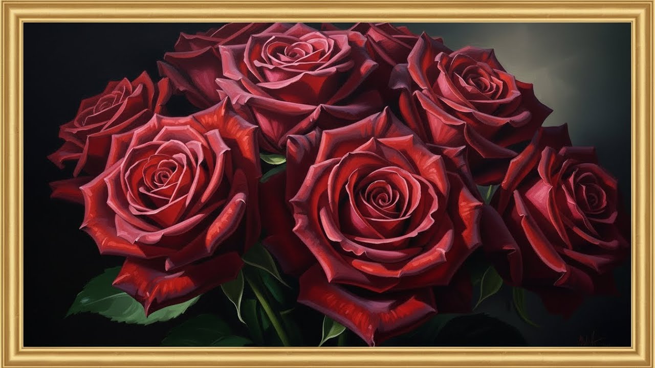 Valentine&rsquo;s Day Roses oil Painting Art Wallpaper for Background  Screensaver for TV Art Gold Frame